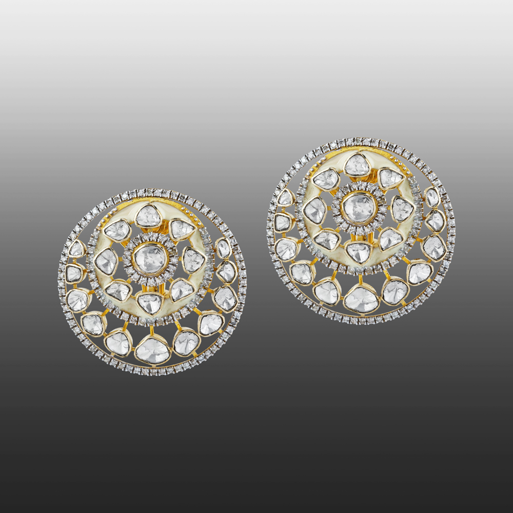 Round Polki Earrings with Cream Enamel and Full-Cut Diamond Border